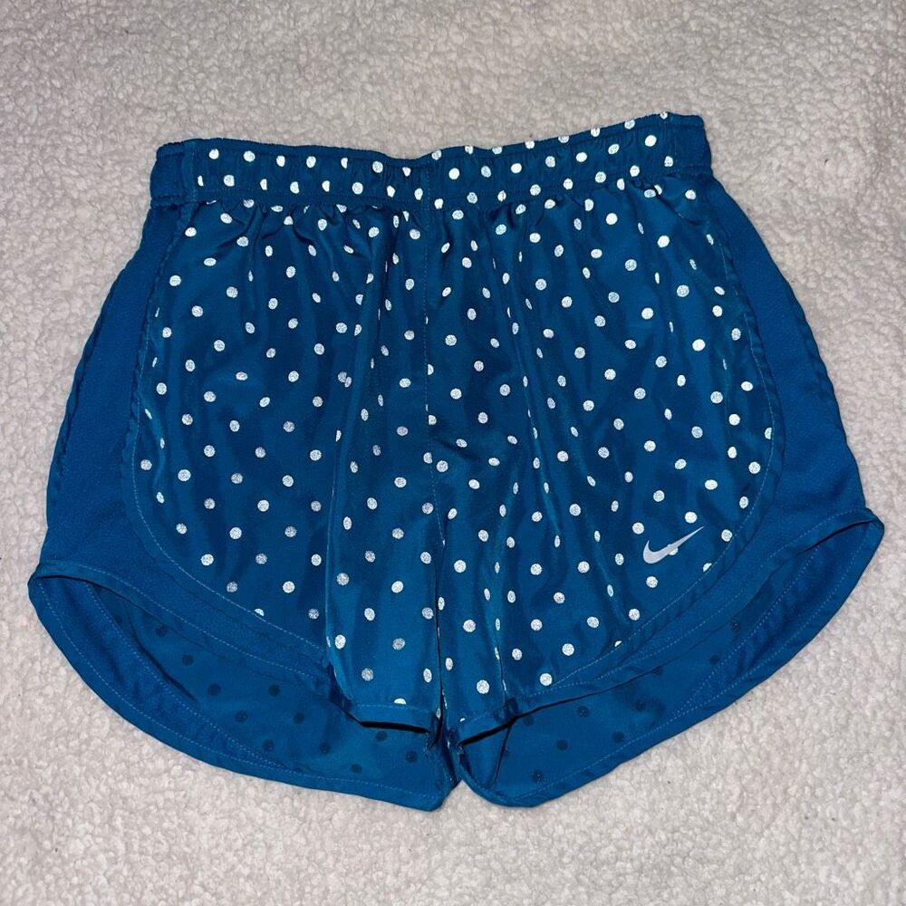 Nike Drifit Womenโs Medium Teal Blue White Polka Dot Active Running Shorts EUC